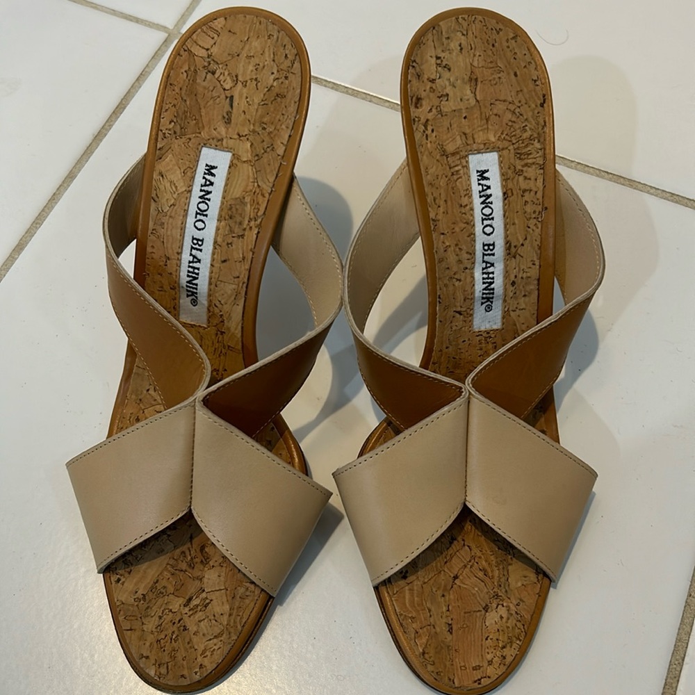 Manolo Blahnik tan & cork heel sandals, 38